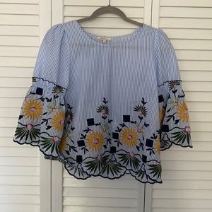 Skies Are Blue multi-colored crop top with bell sleeves